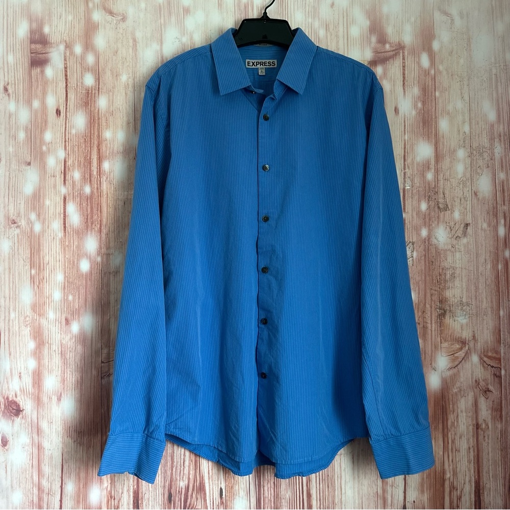 Express Blue Striped Fitted Button Front Dress Shirt Size L Neck 16-16.5